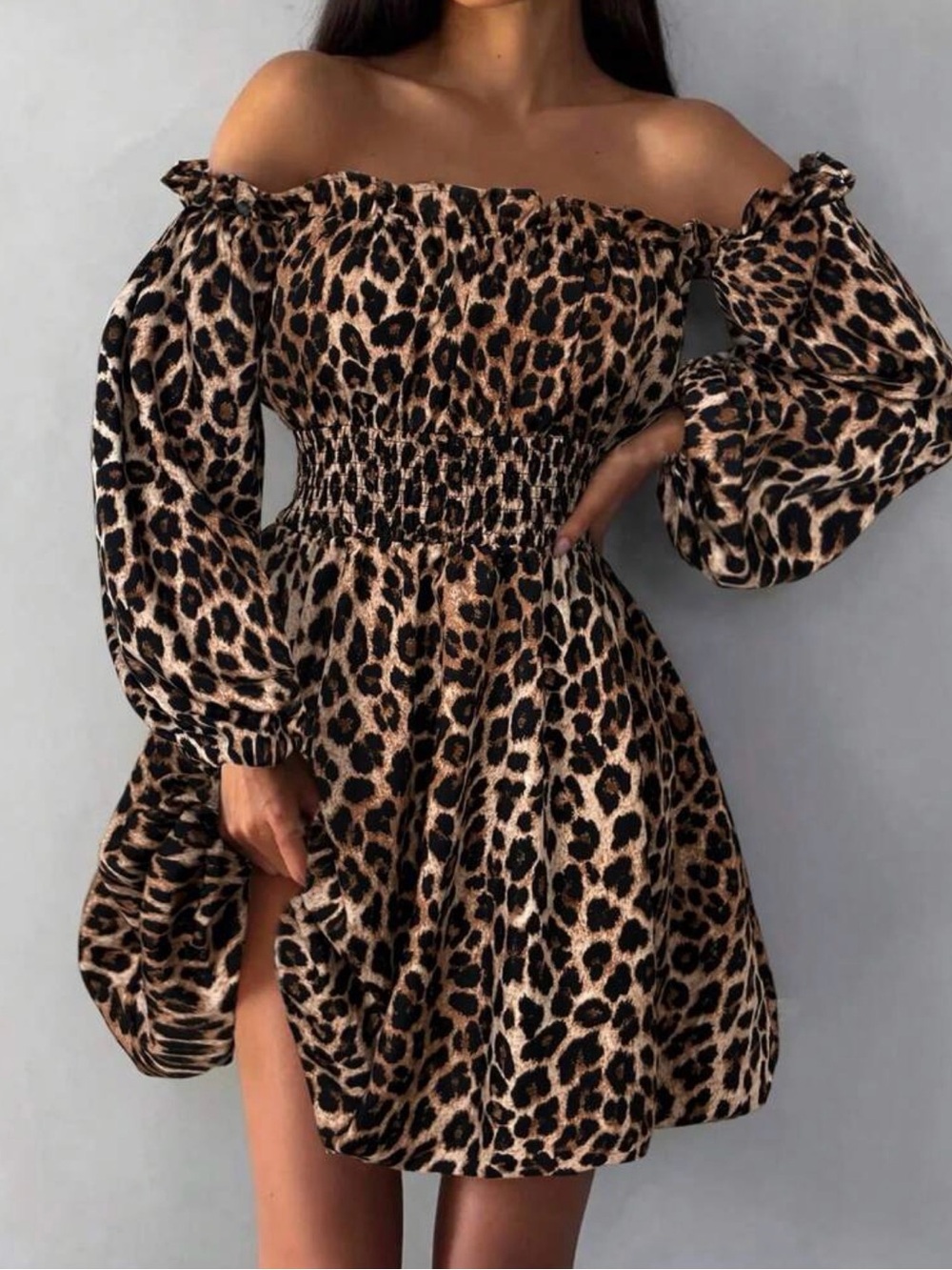 Leopard Print Bohemian Casual Ruffle Trim Off Shoulder Dress-NEW/NEVER WORN